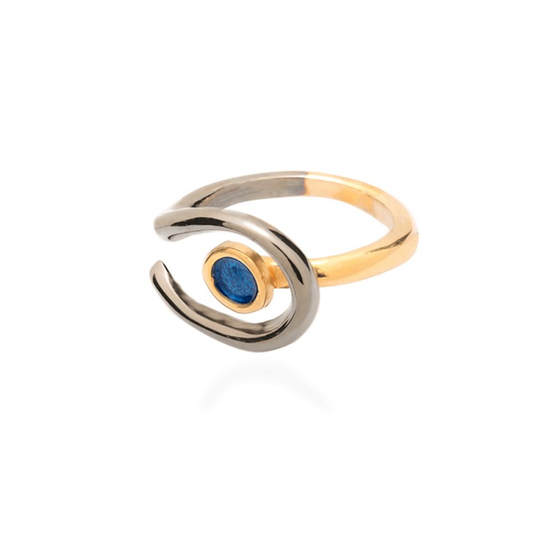 Δαχτυλίδι μάτι χειροποίητο ασήμι 950 οξειδωμένο με διπλή επιχρύσωση 24Κ και μπλε σμάλτο