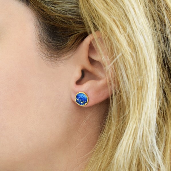 Handmade circle stud earrings in silver 950 with dark blue enamel KON-S4S8X