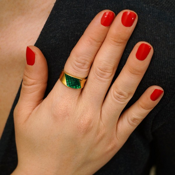 Ring in silver 925 gold plated with green enamel GRE-60242
