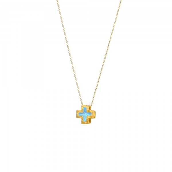 Handmade cross pendant in silver 950 gold plated with pale turquoise enamel KON-A43M1X