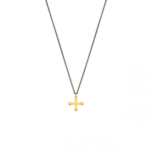 Handmade cross in K14 yellow gold with white zircon KRI-S23