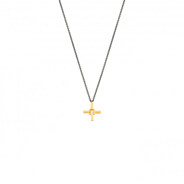 Handmade cross in K14 yellow gold with white zircon KRI-S37