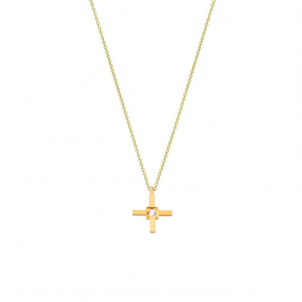 Handmade cross in K14 yellow gold with white zircon KRI-S37