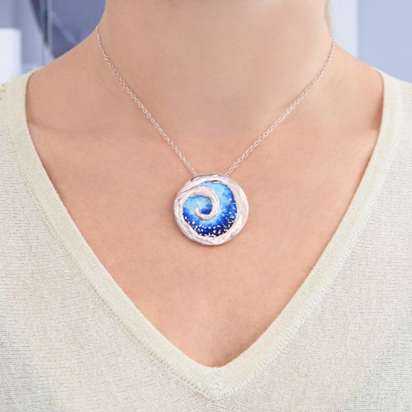 Handmade spiral Pendant in silver 950 platinum plated with enamel KON-100M8