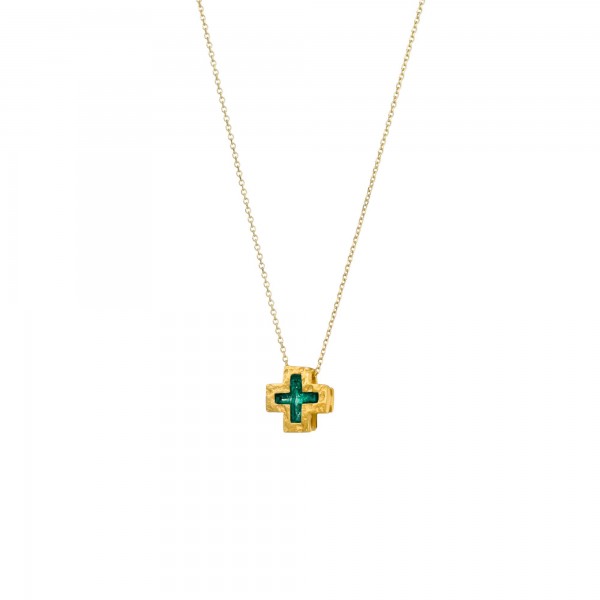 Handmade cross pendant in silver 950 gold plated with green enamel KON-A43M5X