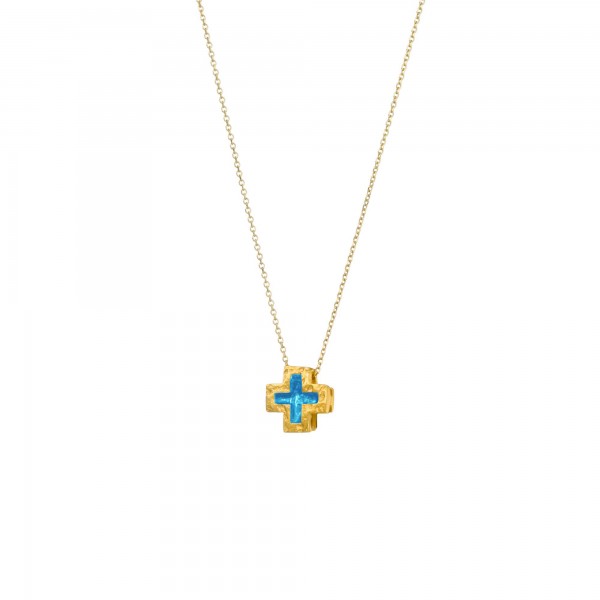 Handmade cross pendant in silver 950 gold plated with turquoise enamel KON-A43M2X