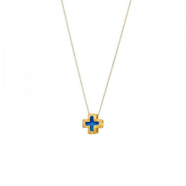 Handmade cross pendant in silver 950 gold plated with dark blue enamel KON-A43M8X