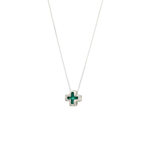 Handmade cross pendant in silver 950 with green enamel KON-A43M5