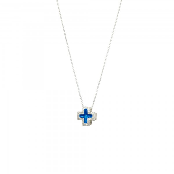 Handmade cross pendant in silver 950 platinum plated with dark blue enamel KON-A43M8