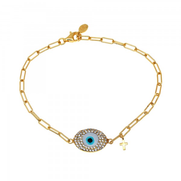 Bracelet in silver 925 gold plated with evil eye, cross and zirconia GRE-59411