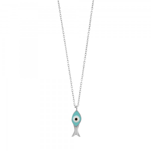 Fish necklace in silver 925 platinum plated with enameled evil eye GRE-60474