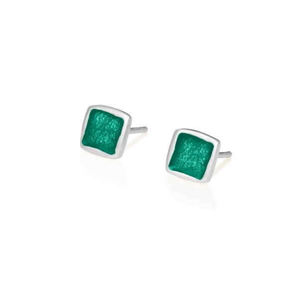 Handmade square stud earrings in silver 950 with green enamel KON-S2T5