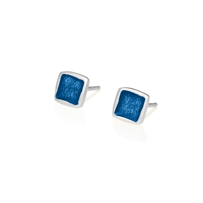 Χειροποίητα καρφωτά σκουλαρίκια τετράγωνα μικρά ασήμι 950 με σκούρο μπλε σμάλτο KON-S2T8