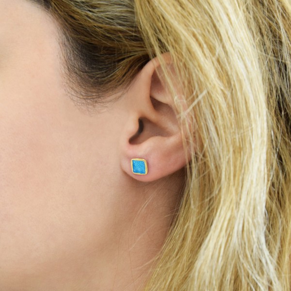 Handmade square stud earrings in silver 950 with turquoise enamel KON-S2T2X