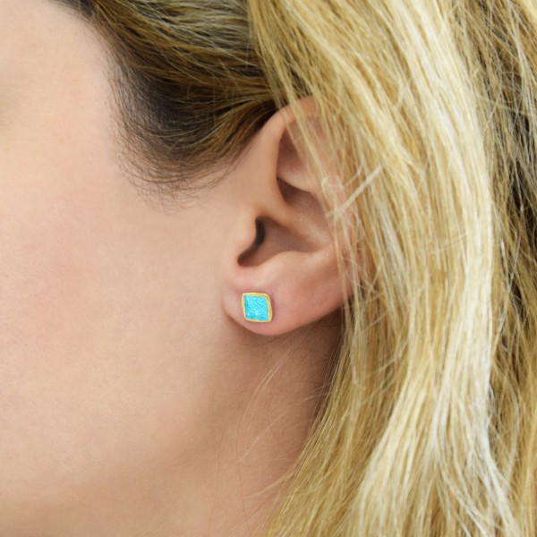 Handmade square stud earrings in silver 950 with pale turquoise enamel KON-S2T1X