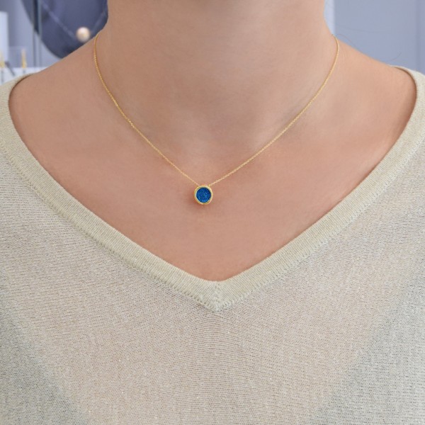 Handmade circle Pendant in silver 950 gold plated with dark blue enamel KON-A38M8X