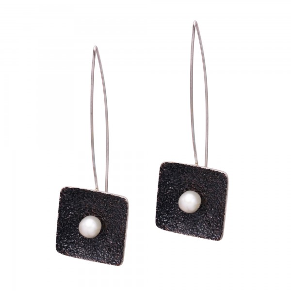 Silver 925 earrings handmade oxidized forged pearl