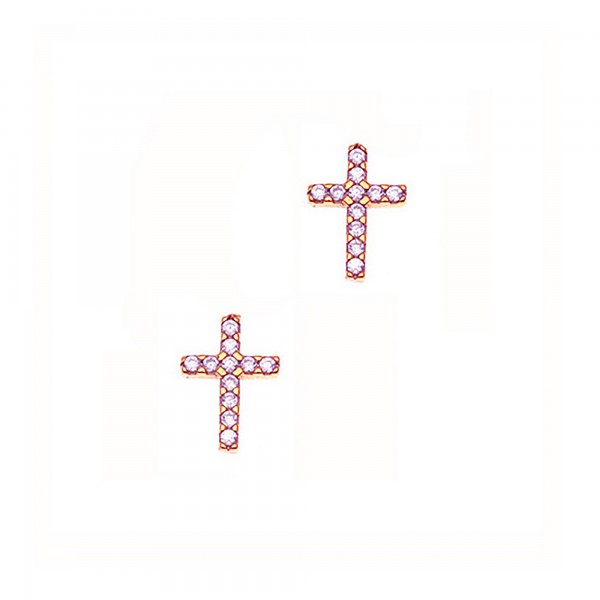 Σκουλαρίκια σταυρός ροζ χρυσό ασήμι 925 με λευκά zirconia GRE-45719